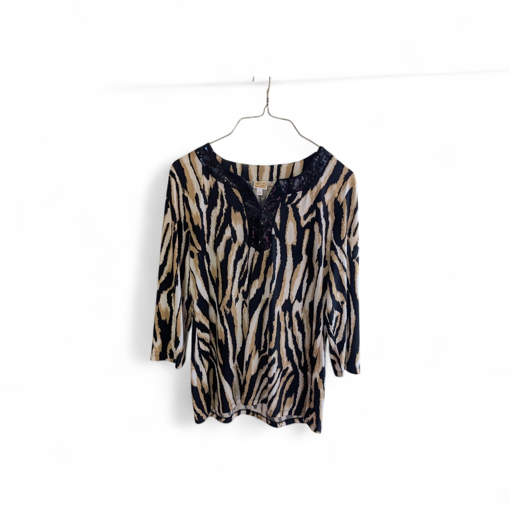 JM Collection Black and Tan Zebra Print Blouse Size L